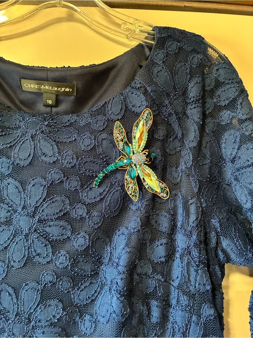 Large Blue Dragonfly Brooch - Rhinestone and Crystal and Gold Tones (ABBA) - Picture 14 of 16